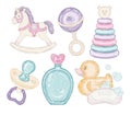 Baby toys set. toys and kids` things for newborn. rocking horse, unicorn, rubber duck, pacifier, pyramid, dummy, and baby shampoo