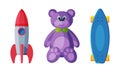 Baby toys set. Teddy bear, rocket and blue plastic skateboard cartoon vector illustration