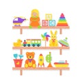 Baby toys on shelf. Vector illustration in flat design. Cartoon set Royalty Free Stock Photo