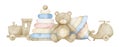 Baby Toys with teddy bear and train. Hand drawn watercolor illustration in pastel blue and beige colors for kid party