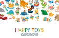 Baby toys to play vector illustration. Funny clockwork toys, ball, toy car, doll, rattles and other kids items