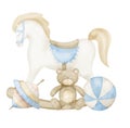 Baby Toys. Watercolor hand drawn illustration with Rocking Horse and Teddy bear in cute pastel blue and beige colors