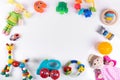 Baby toys on white with copy space. top view Royalty Free Stock Photo