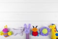 Baby toys on wooden background with copy space Royalty Free Stock Photo