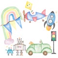 Baby Transport Toys Wreath Clipart, Watercolor Cute Kids Frame, Vintage Robots toys illustration, Newborn Rainbow clip art, Card