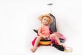 Baby on Travel Suitcase, Child Sit in Traveling Baggage, Kid into Vacation Luggage.Travel and adventure concept