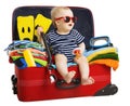 Baby Travel Suitcase, Child Sitting in Traveling Bag, Kid on White