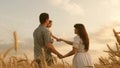 Baby travels across field with her family. child and parent are playing. happy family and childhood concept. Happy baby Royalty Free Stock Photo