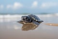 baby turtle climbing up the beach to reach the ocean for first time