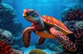 Baby turtle doing her first steps to the ocean