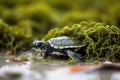 baby turtle finding its way through maze of seaweed on the beach