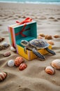 Adorable Baby Sea Turtle in a Gift Box on the Beach Royalty Free Stock Photo