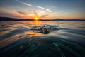 baby turtle swimming in clear and calm sea, with view of the sunset Royalty Free Stock Photo