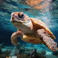 Baby turtle is swimming through crystal clear waters of the sea Royalty Free Stock Photo