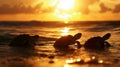 Baby turtles journeying to the sea at sunset