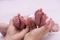 Baby twins feet in mother hands Royalty Free Stock Photo