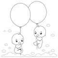 Baby twins in the sky holding balloons. Vector black and white coloring page