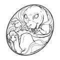 Baby Tyrannosaurus Rex in the egg. Cute animal drawing. Sketch style illustration.