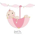 Baby with umbrella. It`s a girl. Baby shower invitation. Birthday party for fabric design