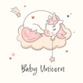 Baby unicorn sleeping on the cloud. Nursery print. Royalty Free Stock Photo