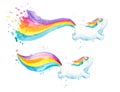 Baby unicorns with colorful tails watercolor illustration