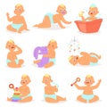 Baby vector adorable newborn infant playing with childish toys and cartoon smiling kid washing illustration childly set