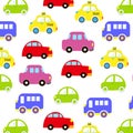 Baby vehicle pattern design. Hand drawn funny colorful cartoon cars seamless pattern. Wallpaper for baby boy. Transport sketch Royalty Free Stock Photo