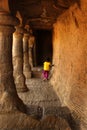 A baby walking the main hall in mahabalipuram- five rathas