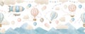 Baby Wallpaper with Hot Air Balloons and clouds. Hand drawn watercolor seamless Pattern for children. Illustration in