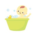 Baby washing. toddler have bath. Newborn child, Little kid in bubble water with duck rubber toy