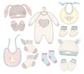 Baby wear and clothes, super set. baby set, bib, booties, hats, socks, jumpsuit, suit Royalty Free Stock Photo