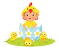 Baby wearing costume in Easter egg with chicks Royalty Free Stock Photo