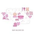 Baby welcome box concept with baby care icons