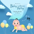 Baby Welcome Party invitation card design with cute little boy, balloons and event details. Royalty Free Stock Photo