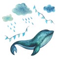 A baby whale swims on the sea and flies in the sky with garlands of flags among the clouds and raindrops. Hand drawn