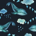 A baby whale swims on the sea and flies in the sky with garlands of flags among the clouds and raindrops. Hand drawn