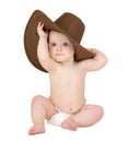 Baby on a white background with cowboy hat Royalty Free Stock Photo