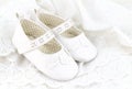 Baby white baptism or birthday dress and shoes close up with spa