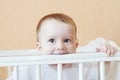 Baby in white bed Royalty Free Stock Photo