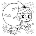 Cute Halloween witch flying with magic broom in the night sky. Vector black and white coloring page.