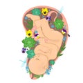 Baby in the womb with flowers. Vector graphics