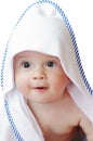 Baby wrapped in towel on white background Royalty Free Stock Photo