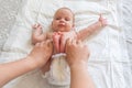 Baby& x27;s feet get gentle care. Concept of home remedies for colic Royalty Free Stock Photo