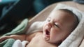 baby yawn wake newborn close-up a portrait. happy family kid dream concept. newborn sleep daughter girl 6 months. sweet Royalty Free Stock Photo