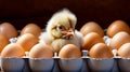 Baby yellow chicken with fuzzy head sitting in egg carton surrounded by eggs. Generative AI Royalty Free Stock Photo