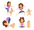 Baby yoga. Mutual exercises with mother and her baby. Different poses and exercises for beginners. Cartoon characters