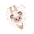 Baby Zodiac Sign Aries with leaves, branches, moon, rain, stars. Cute vector astrology character