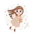 Baby Zodiac Sign Virgo with leaves, branches, moon, rain, stars. Cute vector astrology character
