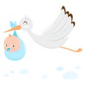 A white stork flying in the sky and delivering a cute newborn baby boy. Baby announcement. Vector Illustration Royalty Free Stock Photo