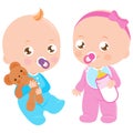 Cute babies. Baby girl and baby boy with milk bottle and teddy bear toy. Vector Illustration Royalty Free Stock Photo